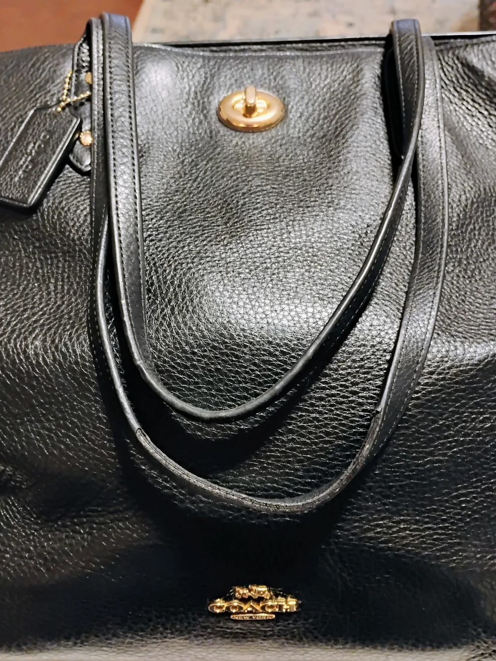Coach F12484 Black Pebbled Leather Turnlock Carryall Stachel Tote  Purse
